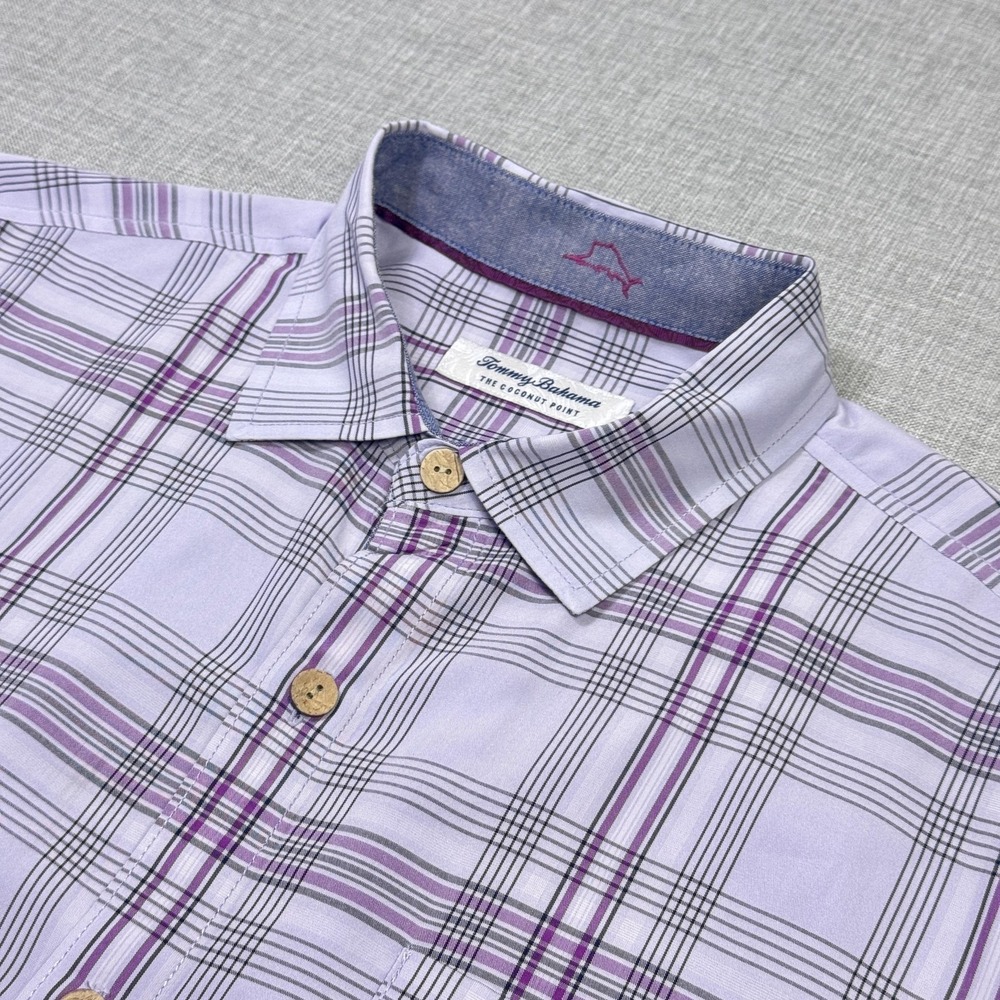 Tommy Bahama Coconut Point Button-Up Shirt Mens Large Purple Plaid Short Sleeve